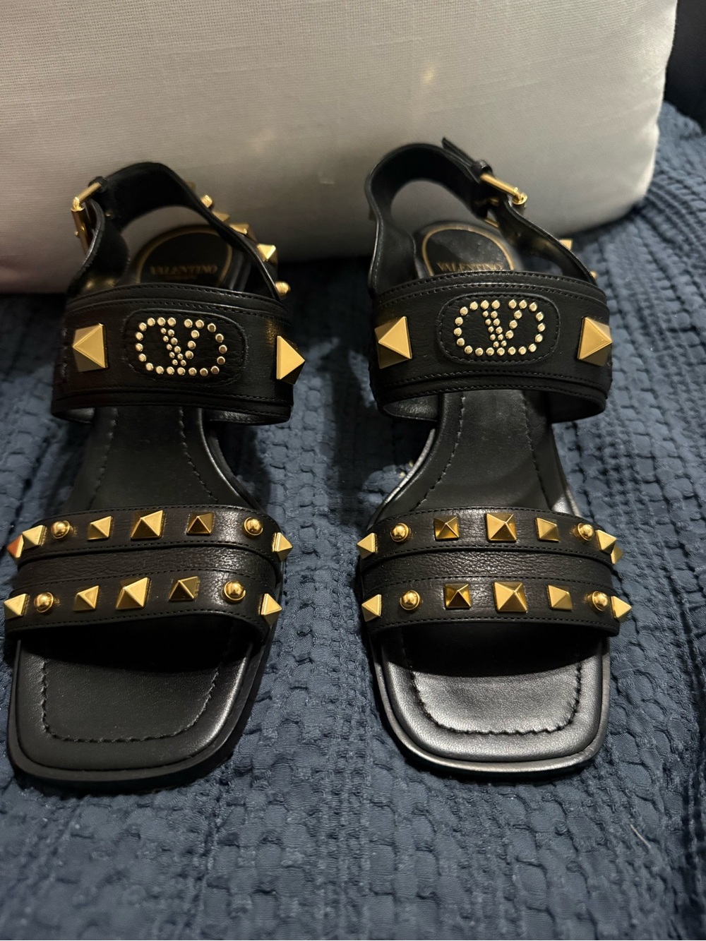 Valentino Black Leather Rockstud Flat Sandals with Gold Studs